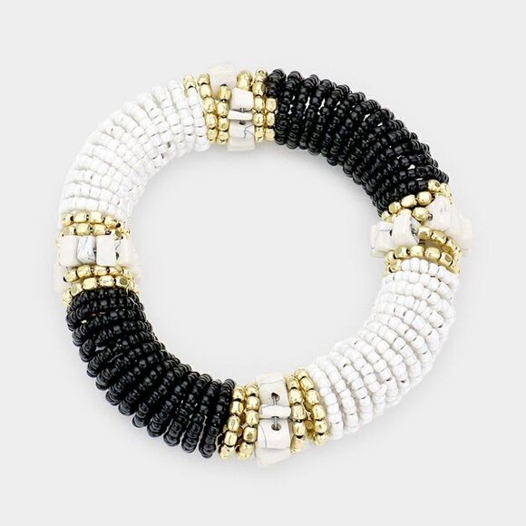 Natural Stone Black Seed Beaded Stretch Bracelet - Picture 1 of 5